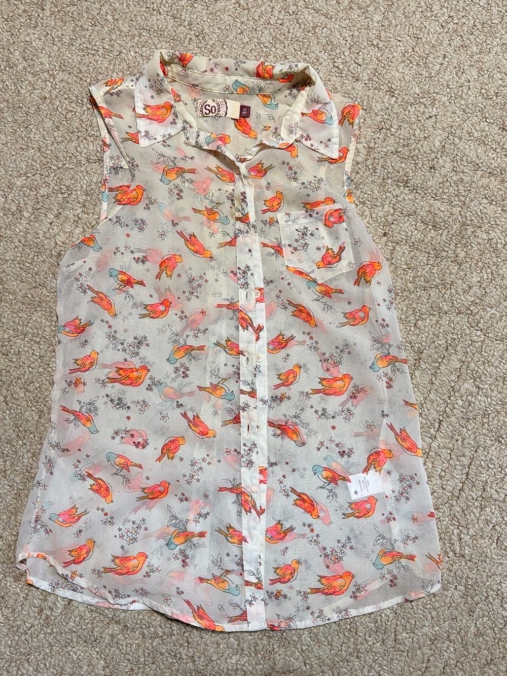 SO Cream Blouse with Orange & Teal Bird Print